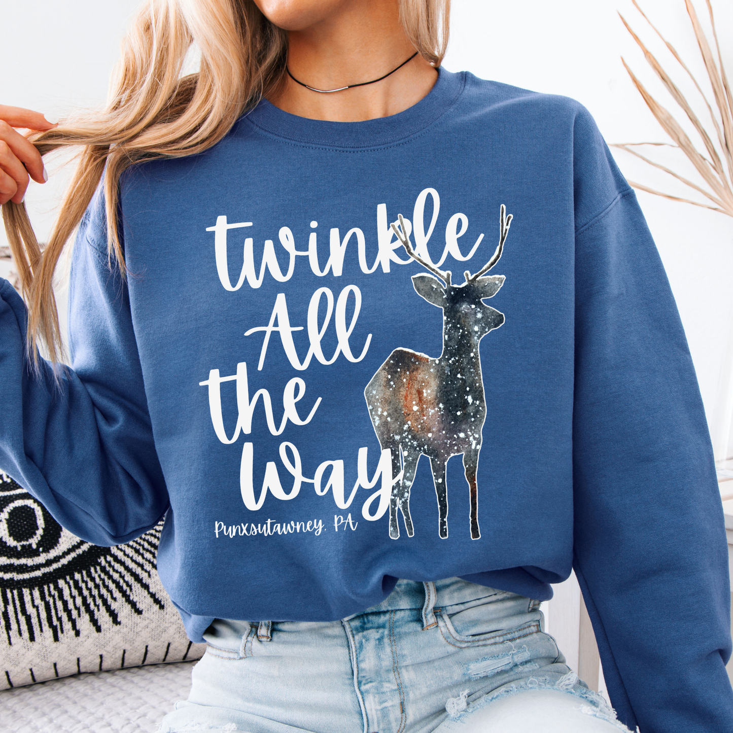 Twinkle all the way custom unisex blue sweatshirt featuring a deer with a galaxy overlay that look like twinkling stars.  Customize with business name, State, City, zip code or all.