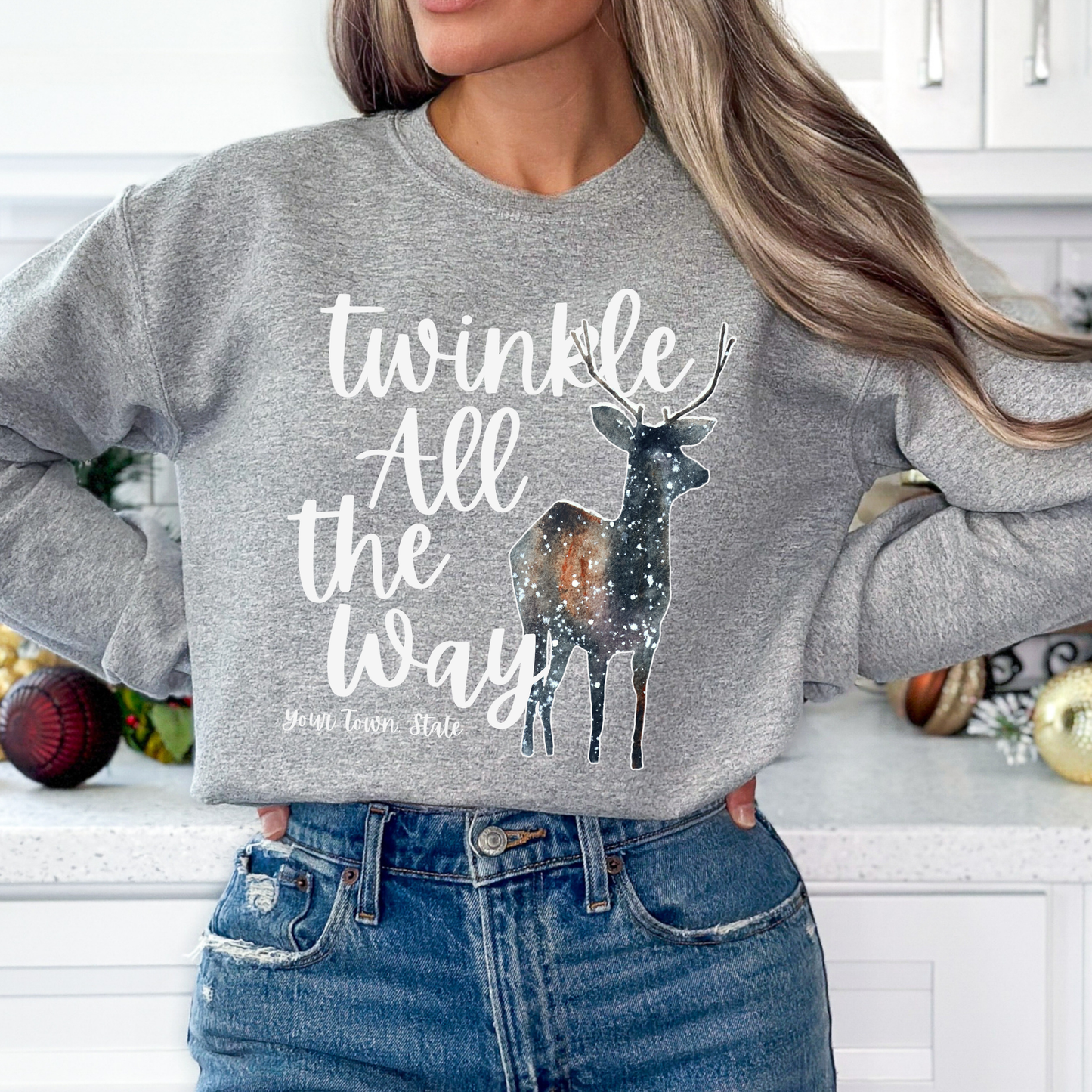 Twinkle all the way custom unisex sport gray sweatshirt featuring a deer with a galaxy overlay that look like twinkling stars.  Customize with business name, State, City, zip code or all.