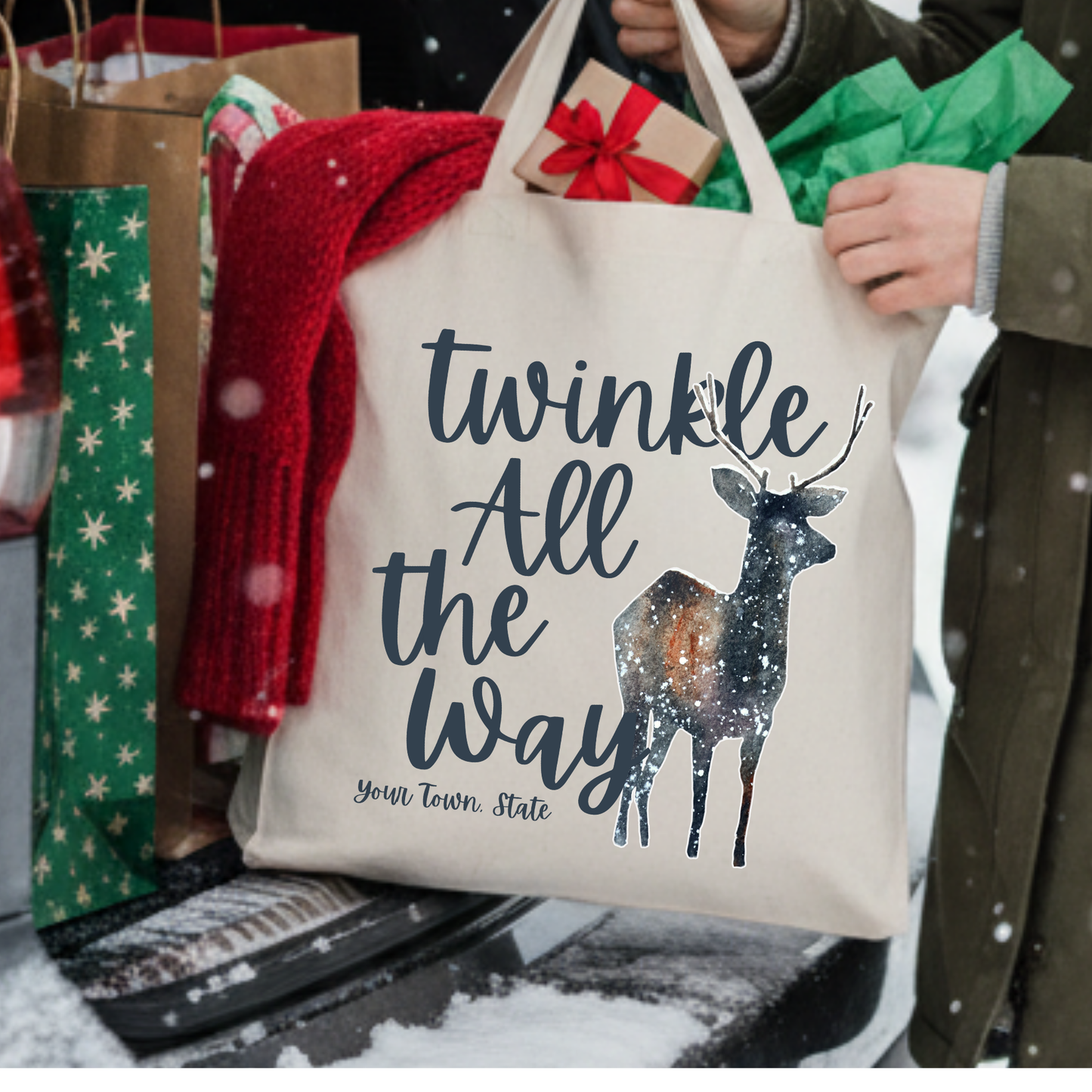 Twinkle all the way Christmas reindeer canvas tote bag.  Personalize it