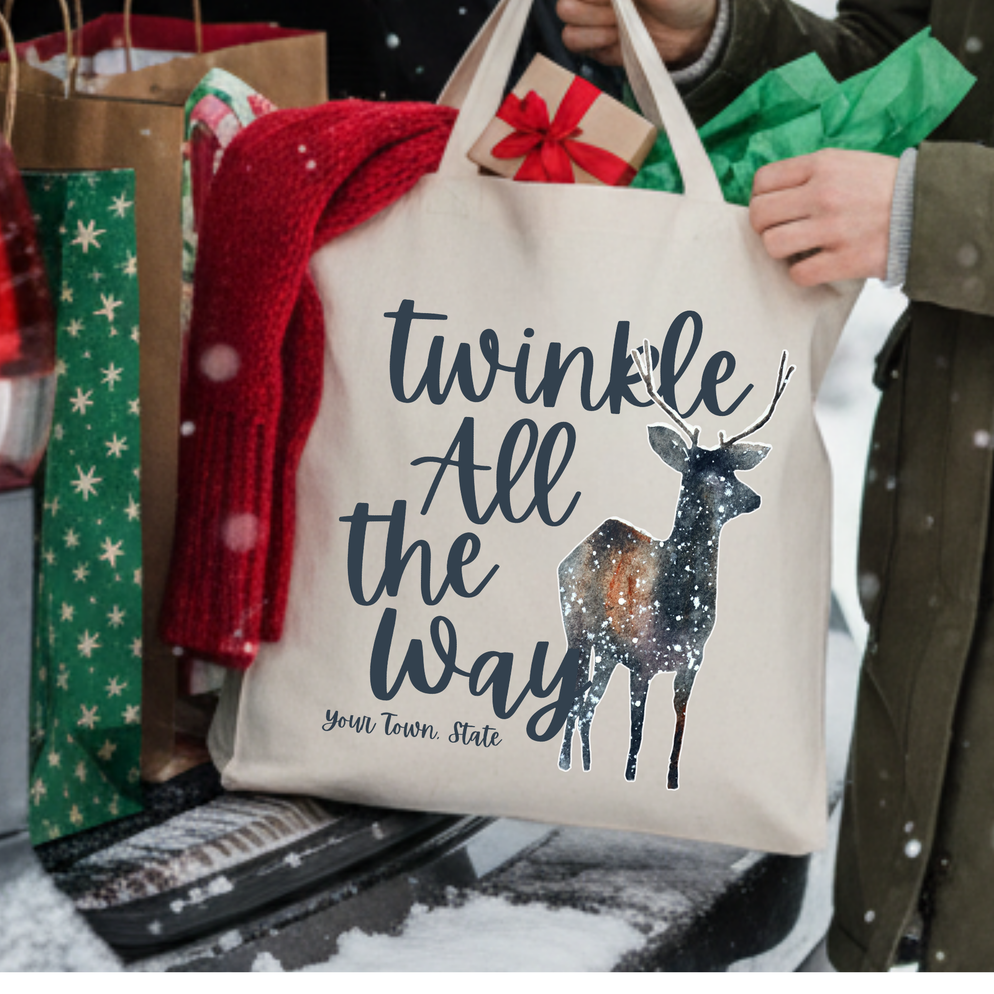 Twinkle all the way Christmas reindeer canvas tote bag.  Personalize it