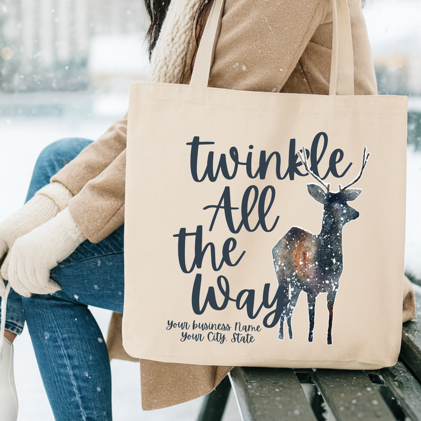 Twinkle all the way Christmas reindeer canvas tote bag.  Personalize it