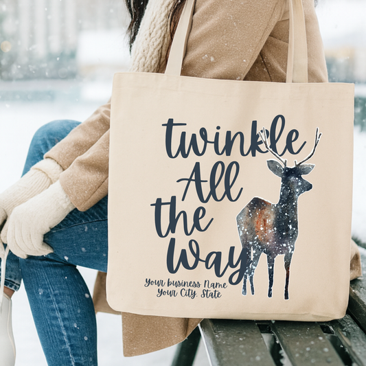 Twinkle all the way Christmas reindeer canvas tote bag.  Personalize it