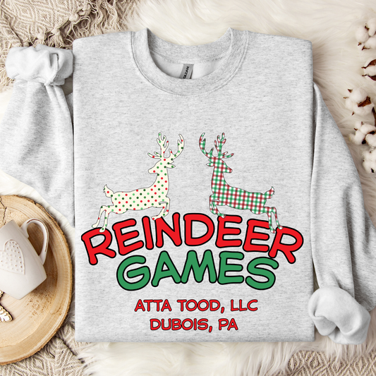 Gray sweatshirt with 'Reindeer Games' with a red and green plaid reindeer and a polka dot christmas color reindeer.  below image you can customize with your business name, city and state or both