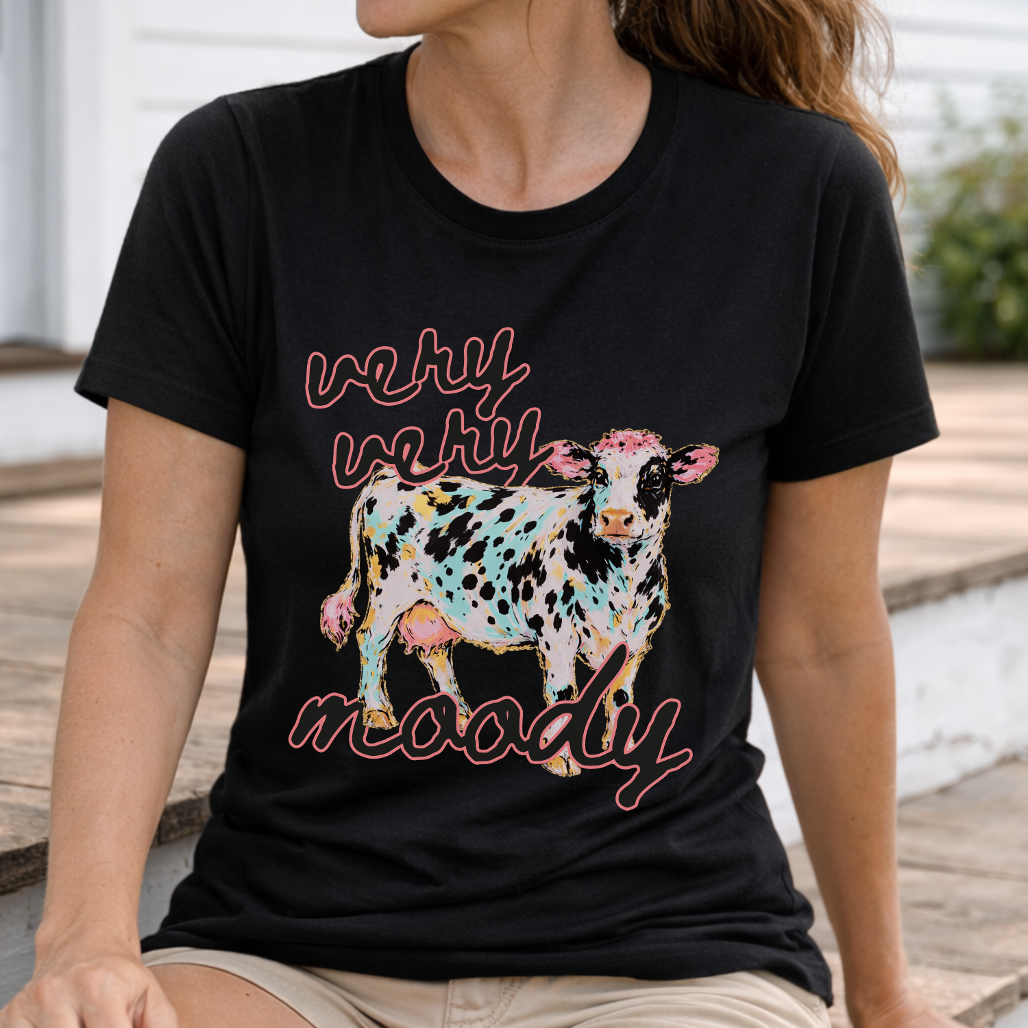 Very Very Moody farm cow graphic on a bella canvas solid black blend t-shirt