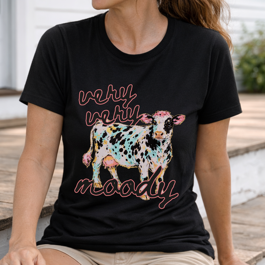 Very Very Moody farm cow graphic on a bella canvas solid black blend t-shirt