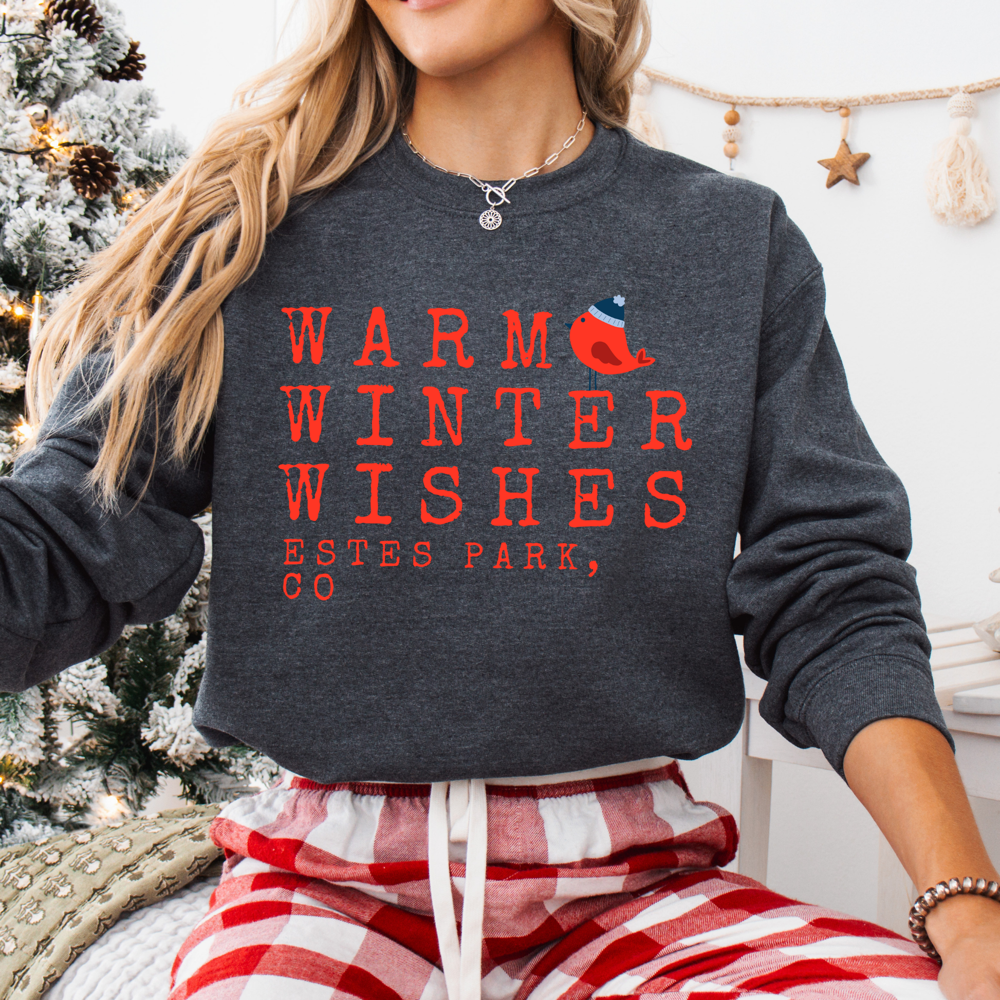 Warm winter wishes written in red with a little red bird wearing a blue beanie hat.  dark Gray sweatshirt.  Customize with business name, zip code, town, state or all. 