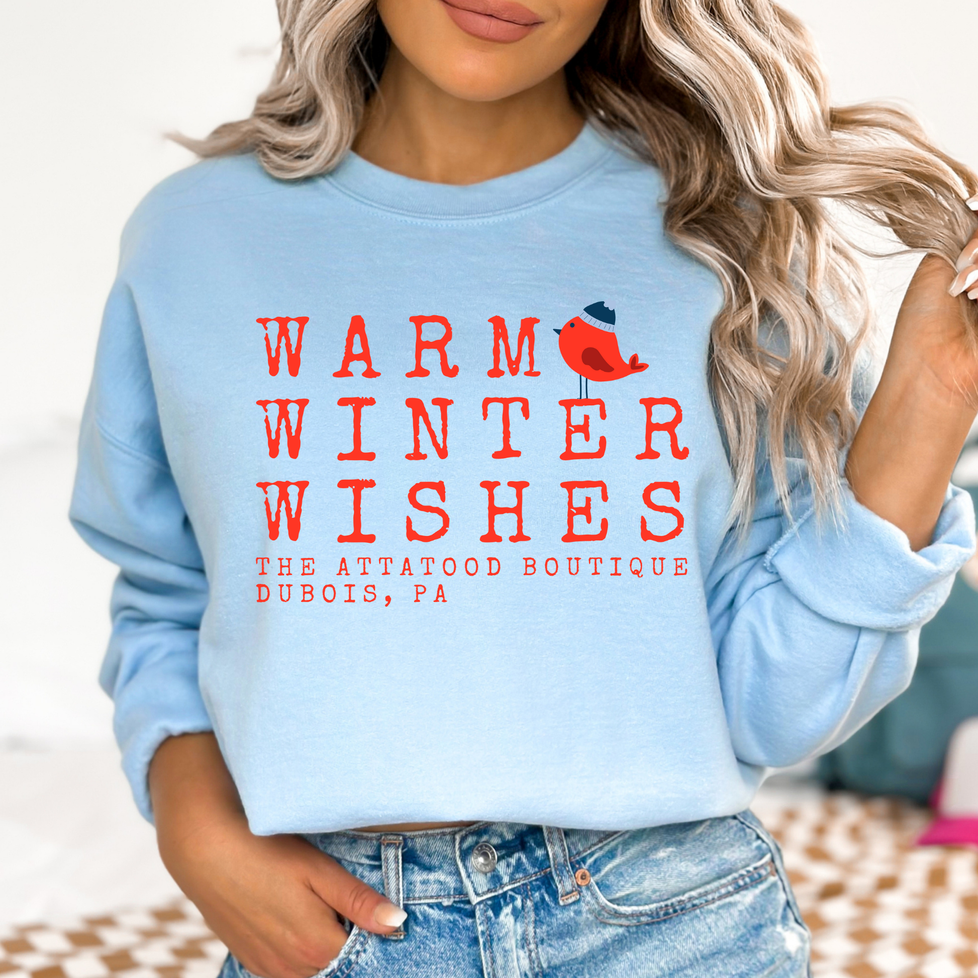Warm winter wishes written in red with a little red bird wearing a blue beanie hat.  Light Blue sweatshirt.  Customize with business name, zip code, town, state or all. 