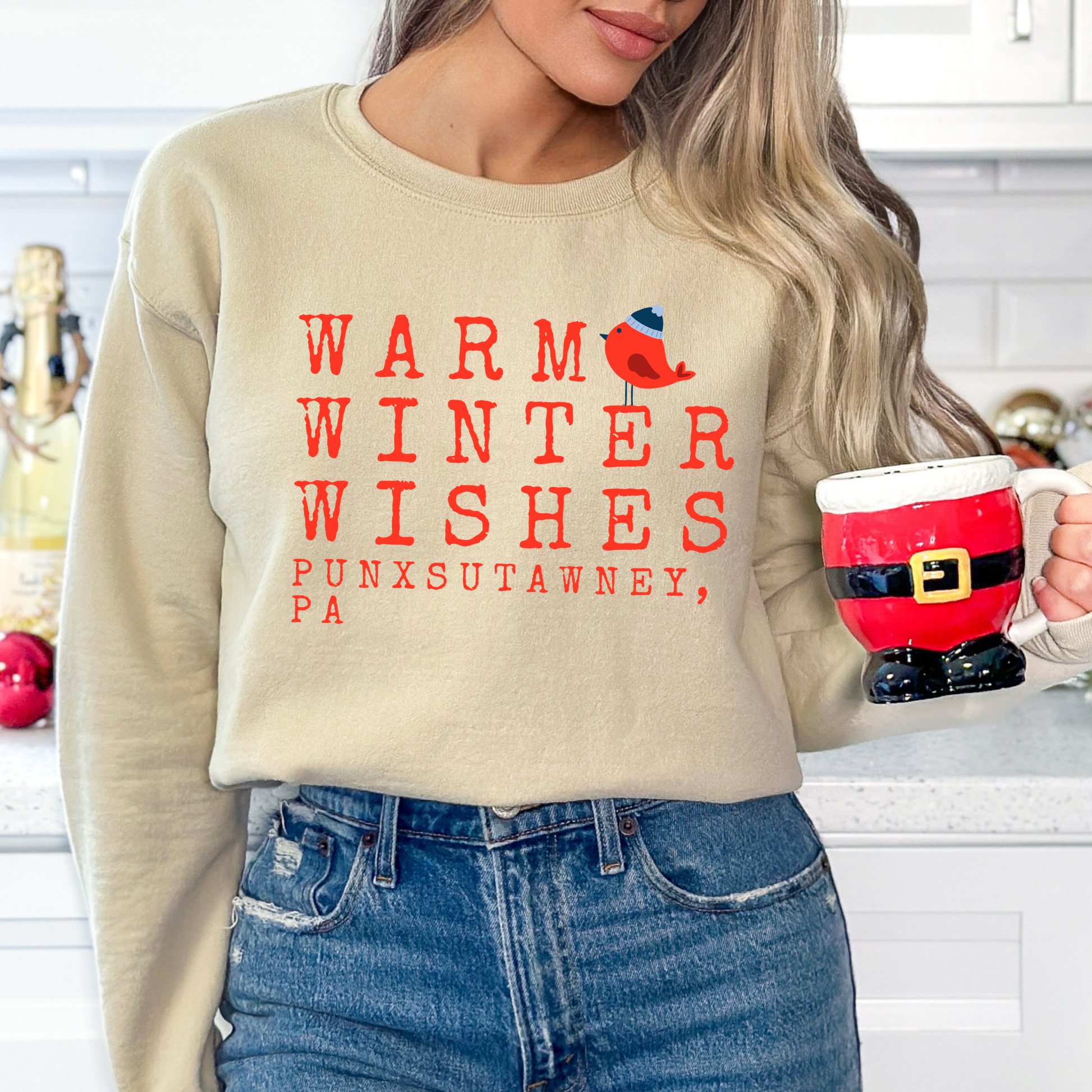 Warm winter wishes written in red with a little red bird wearing a blue beanie hat.  beige sweatshirt.  Customize with business name, zip code, town, state or all. 