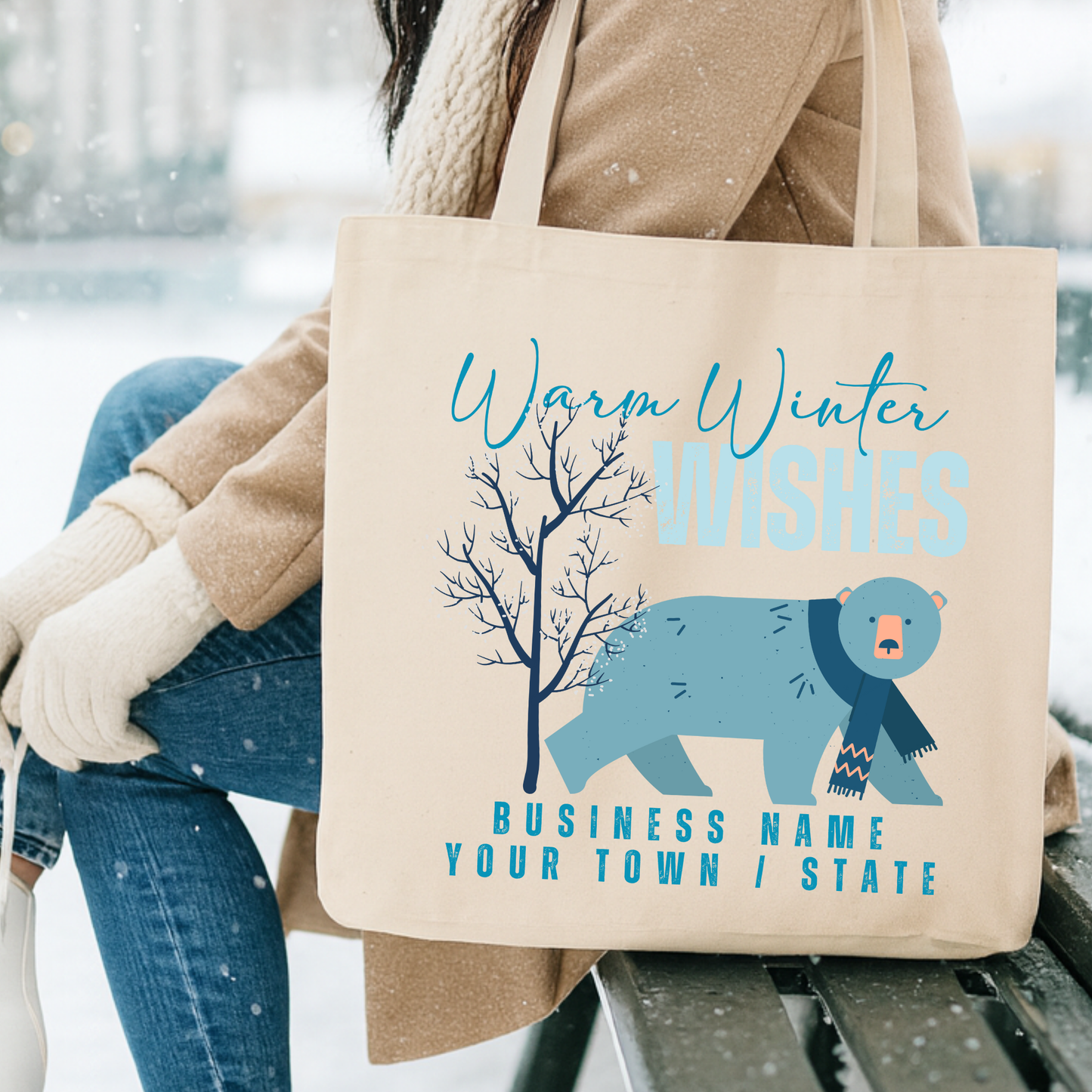 Tote bag with bear design and text 'Warm Winter Wishes' .  Personalize it