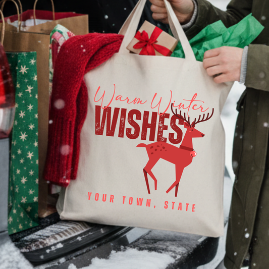 Warm winter wishes with a red reindeer canvas tote bag.  Personalize it.