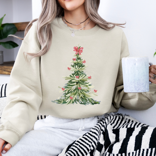 Watercolor Christmas tree with bows sweatshirt, Women's Holiday crewneck