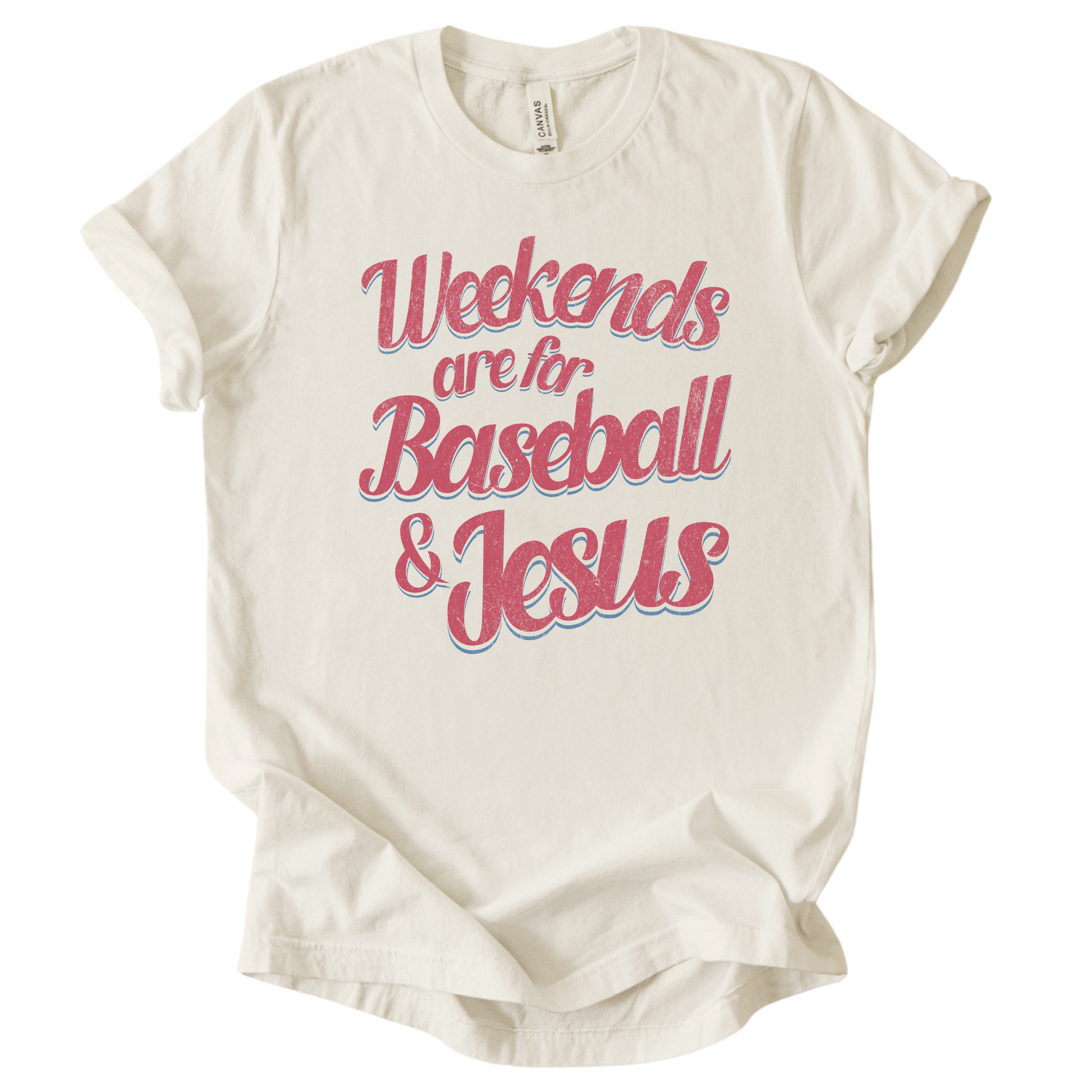 Off white / cream  t-shirt with 'Weekends are for Baseball & Jesus' text in pink on a white background