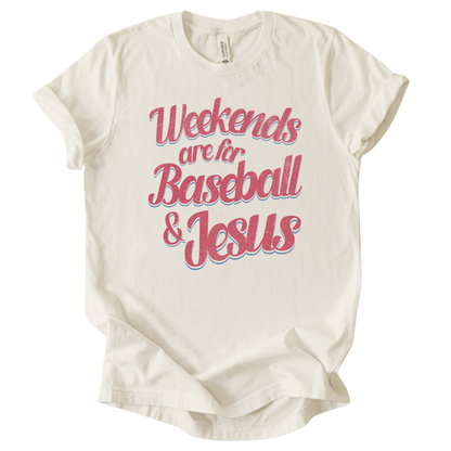 Off white / cream  t-shirt with 'Weekends are for Baseball & Jesus' text in pink on a white background