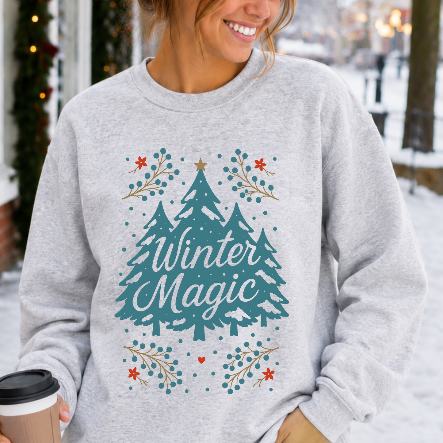 Winter Magic Christmas Tree Graphic o a gray Sweatshirt