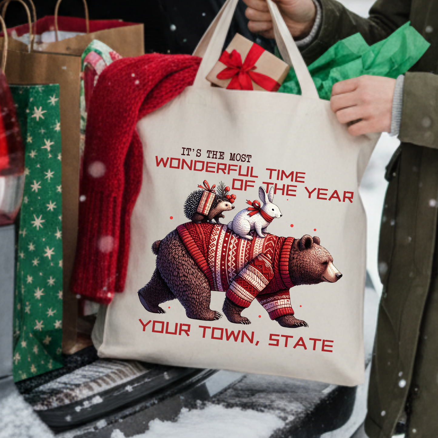 Custom funny Christmas forest animals tote | Book bag