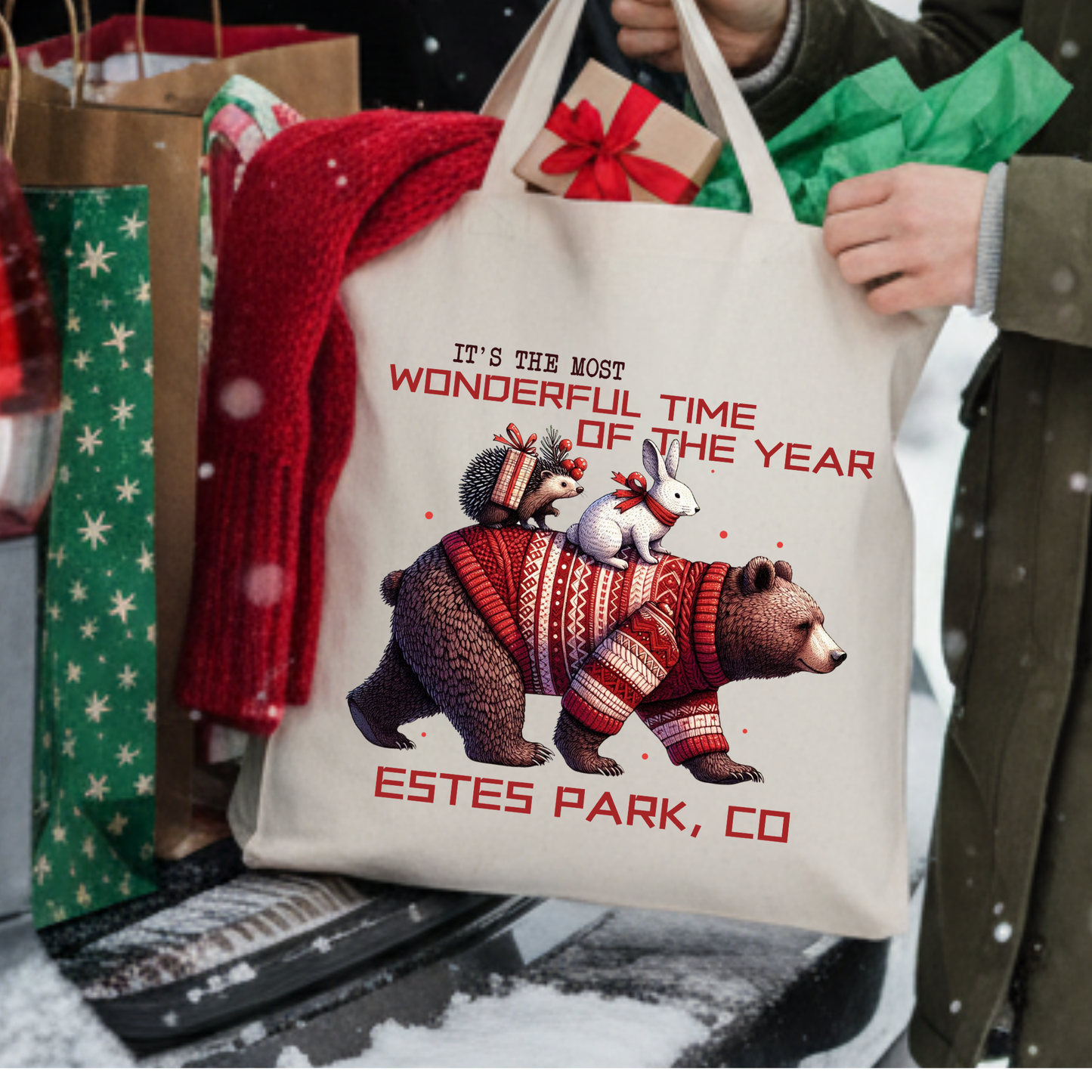 Custom funny Christmas forest animals tote | Book bag