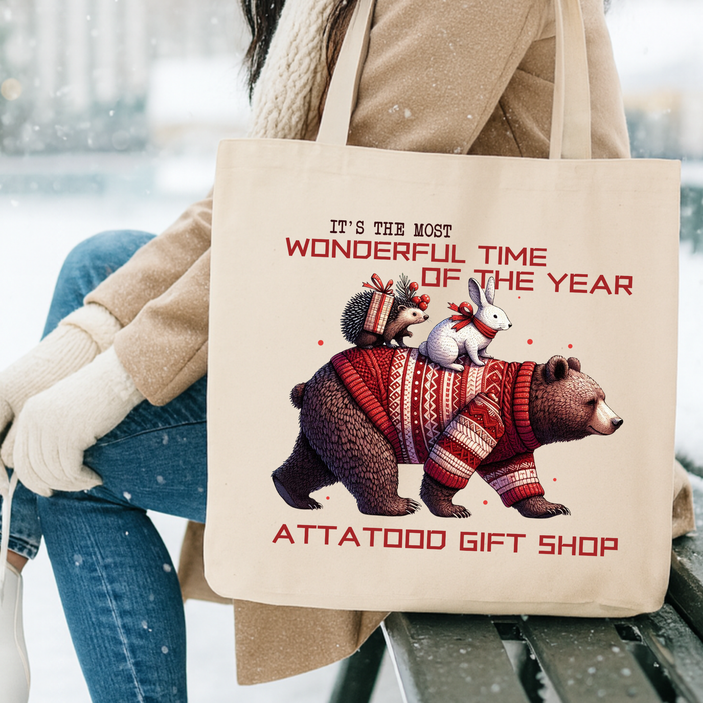 Custom funny Christmas forest animals tote | Book bag