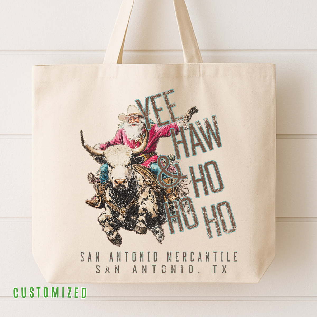 Western Bull Riding Santa Christmas Tote Bag | Customize