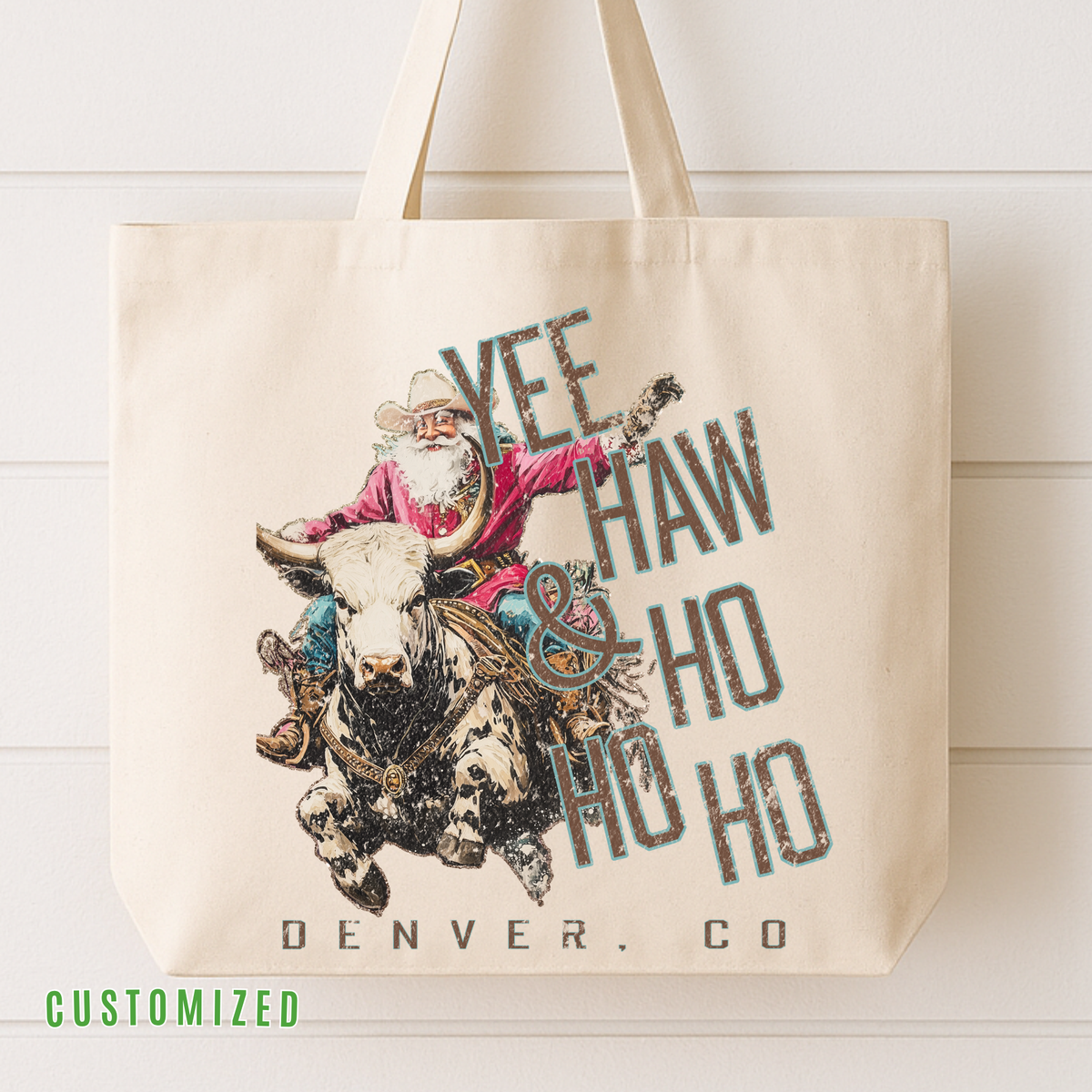 Western Bull Riding Santa Christmas Tote Bag | Customize