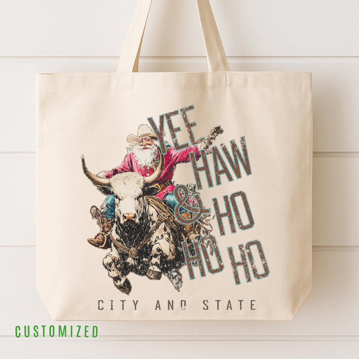 Western Bull Riding Santa Christmas Tote Bag | Customize